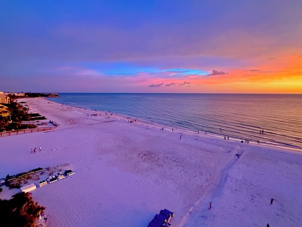 On the beach, sun loungers