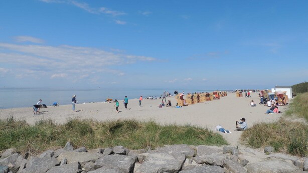 A beach with people and tents, a clear sky, and a calm sea.
