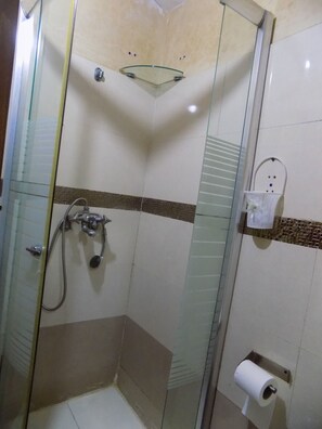 Shower, towels, soap, toilet paper