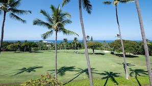 A golf course with palm trees and a view of the ocean.