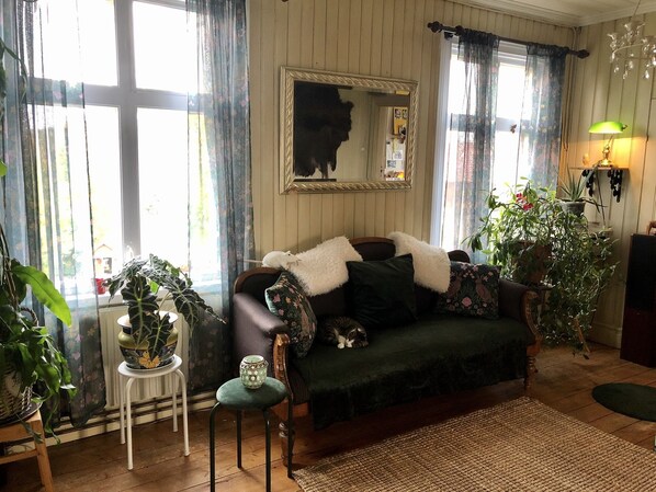 A cozy living room with a sofa, a small table, and various plants. - Captivating 1-bed Studio (Avesta)