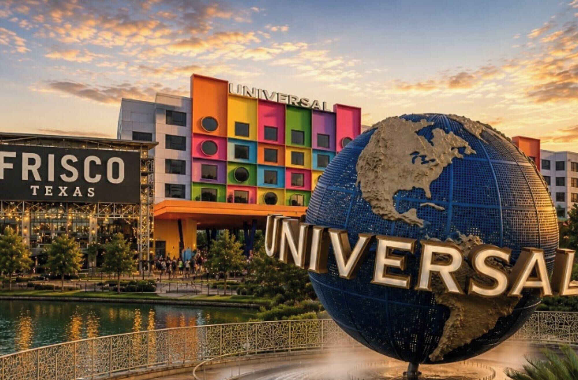 A large outdoor sign with 'UNIVERSAL' and a globe, in front of a colorful building with 'FRISCO TEXAS' signage.