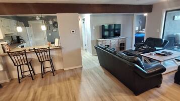 Smart TV, fireplace, DVD player, foosball