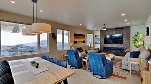 TV, fireplace - Mountain Escape: Sunshine, Hot Tub Soaks & Strolls — Dillon Lake Days Await! (Dillon)