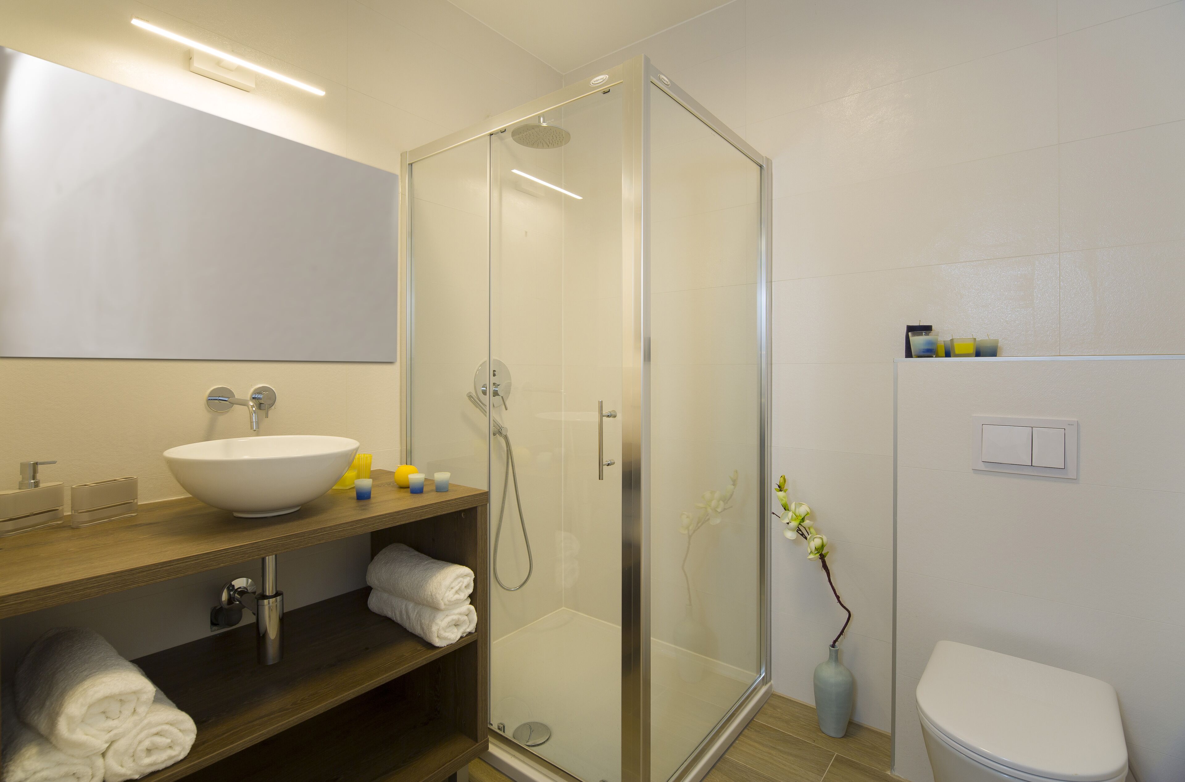 Une salle de bain moderne avec une douche à parois de verre, un lavabo blanc et des toilettes.