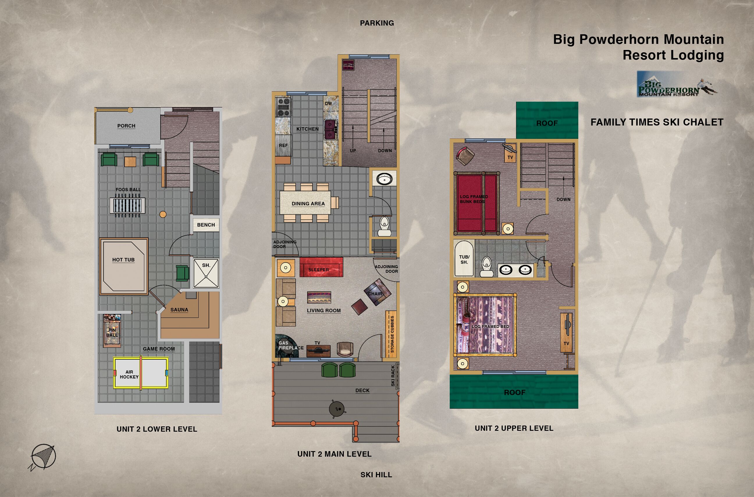 Plano de distribución de Big Powderhorn Mountain Resort Lodging, que incluye el nivel inferior de la Unidad 2 con un porche, jacuzzi, sauna, sala de juegos y terraza; el nivel principal de la Unidad 2 con comedor, sala de estar y cabaña de esquí; y el nivel superior de la Unidad 2 con cabaña de esquí.