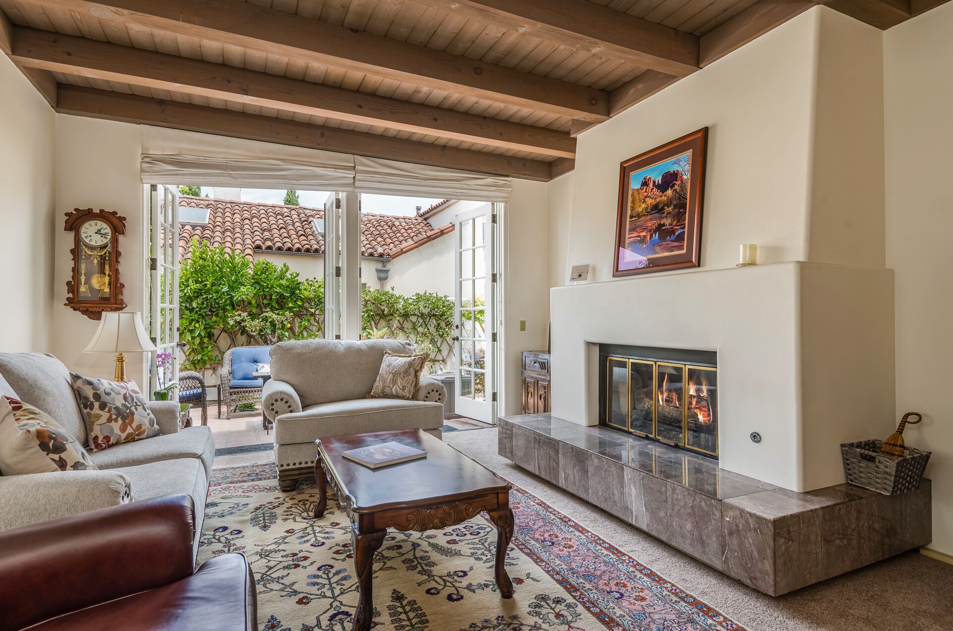 Smart TV, fireplace, DVD player, books