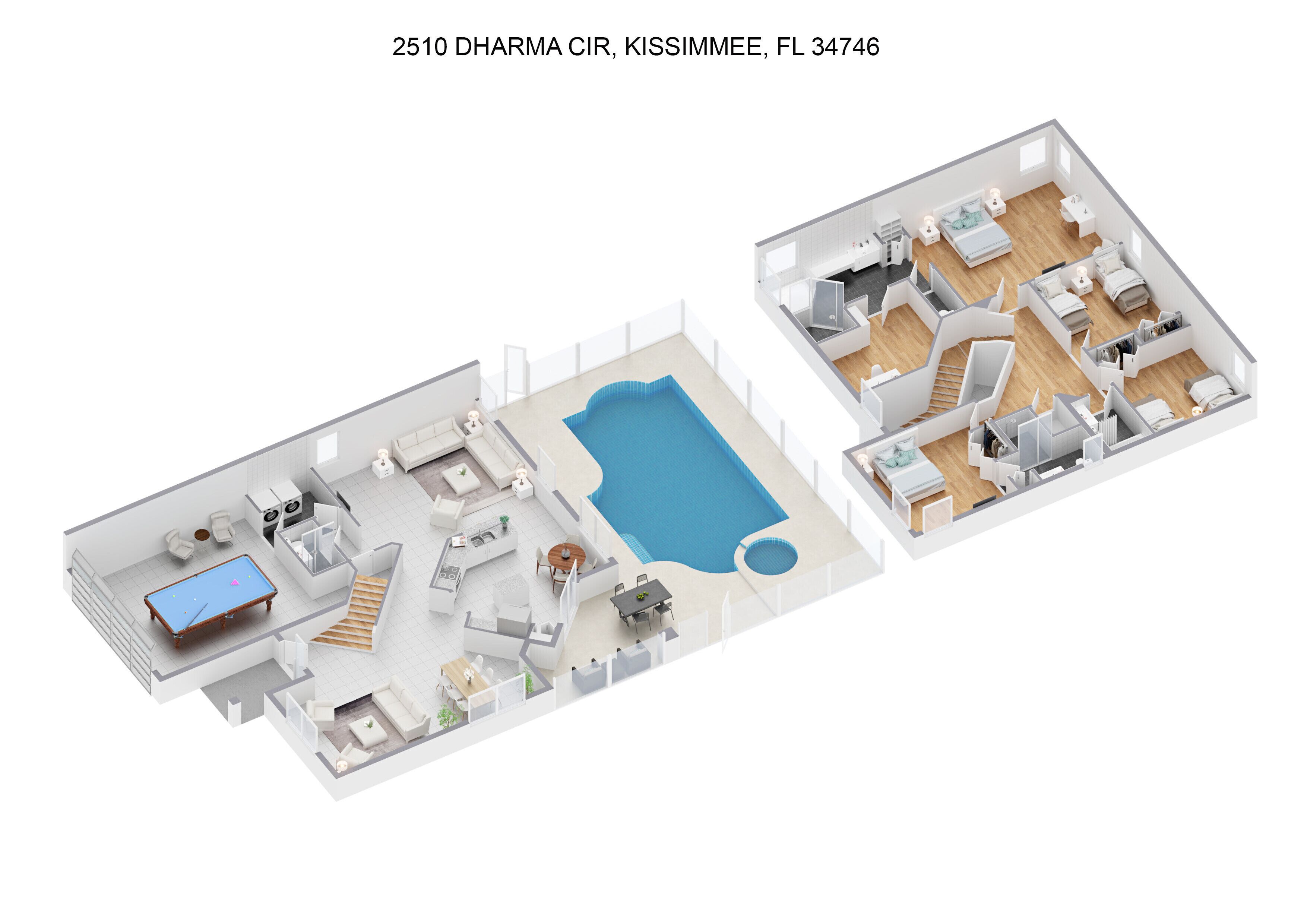 A 2-story residential building with a swimming pool, multiple bedrooms, and a kitchen.