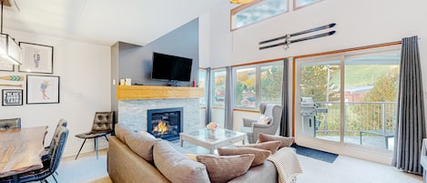 TV, fireplace, DVD player, video library