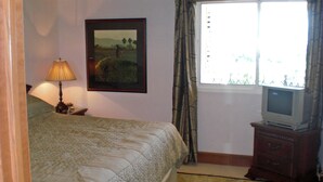 Een slaapkamer met een bed, een lamp, een televisie op een houten standaard, een raam met gordijnen en een lijst met een afbeelding aan de muur.