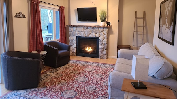 Un salon doté d’une cheminée en pierre, d’un téléviseur à écran plat fixé au-dessus, d’un ventilateur de plafond, d’un canapé, d’un fauteuil et d’un tapis à motifs.