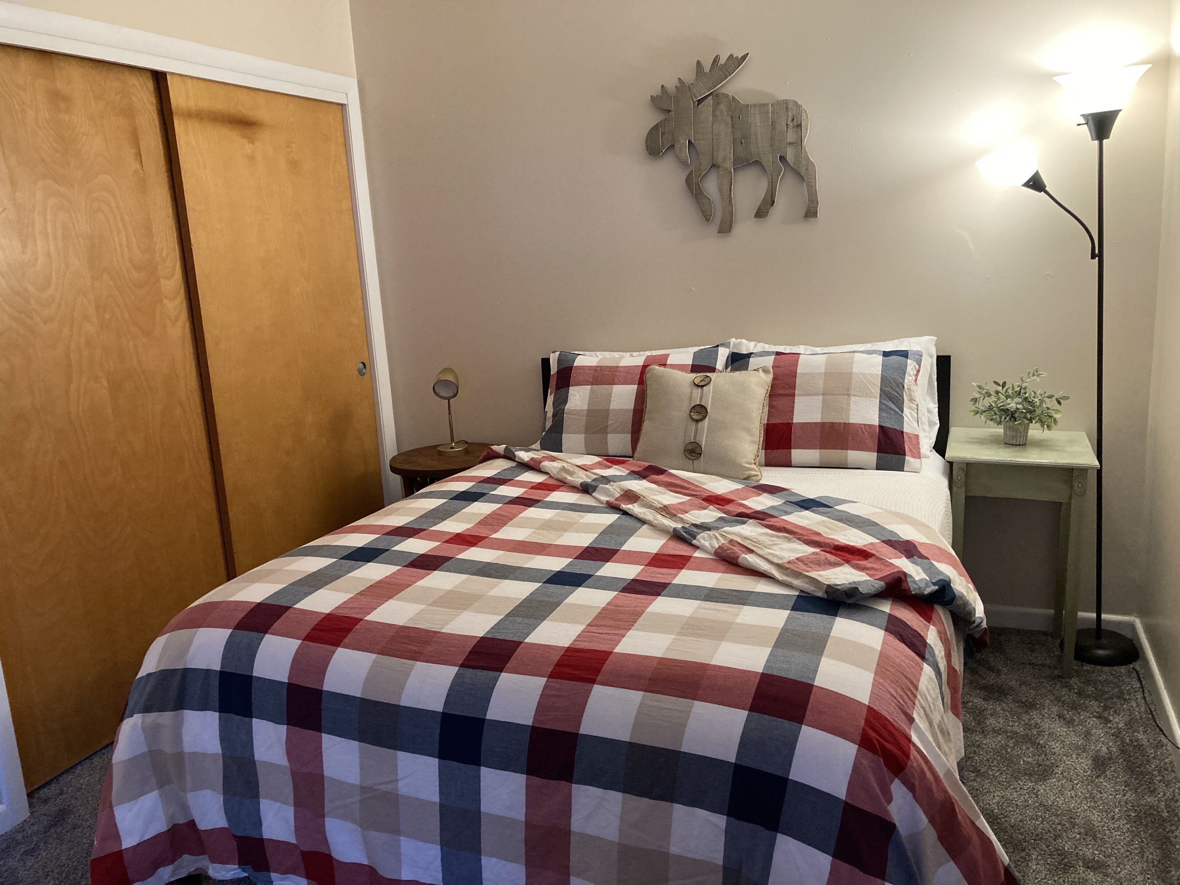 A bedroom with a checkered bedspread, a wooden door, a wall-mounted moose decoration, a bedside lamp, and a small plant on a nightstand.