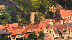 A historic town with a prominent castle on a hill, surrounded by traditional houses with red roofs, and a river in the foreground. - Apartment no.2 climatic health resort, pearl of the Neckar valley (Hirschhorn am Neckar)