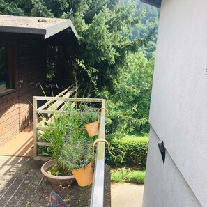 Uma varanda com guarda-corpo de madeira, plantas em vasos e vista para vegetação densa.