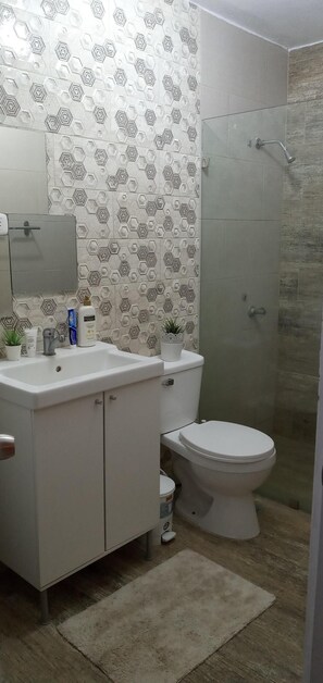 Dusche, Haartrockner, Handtücher, Seife