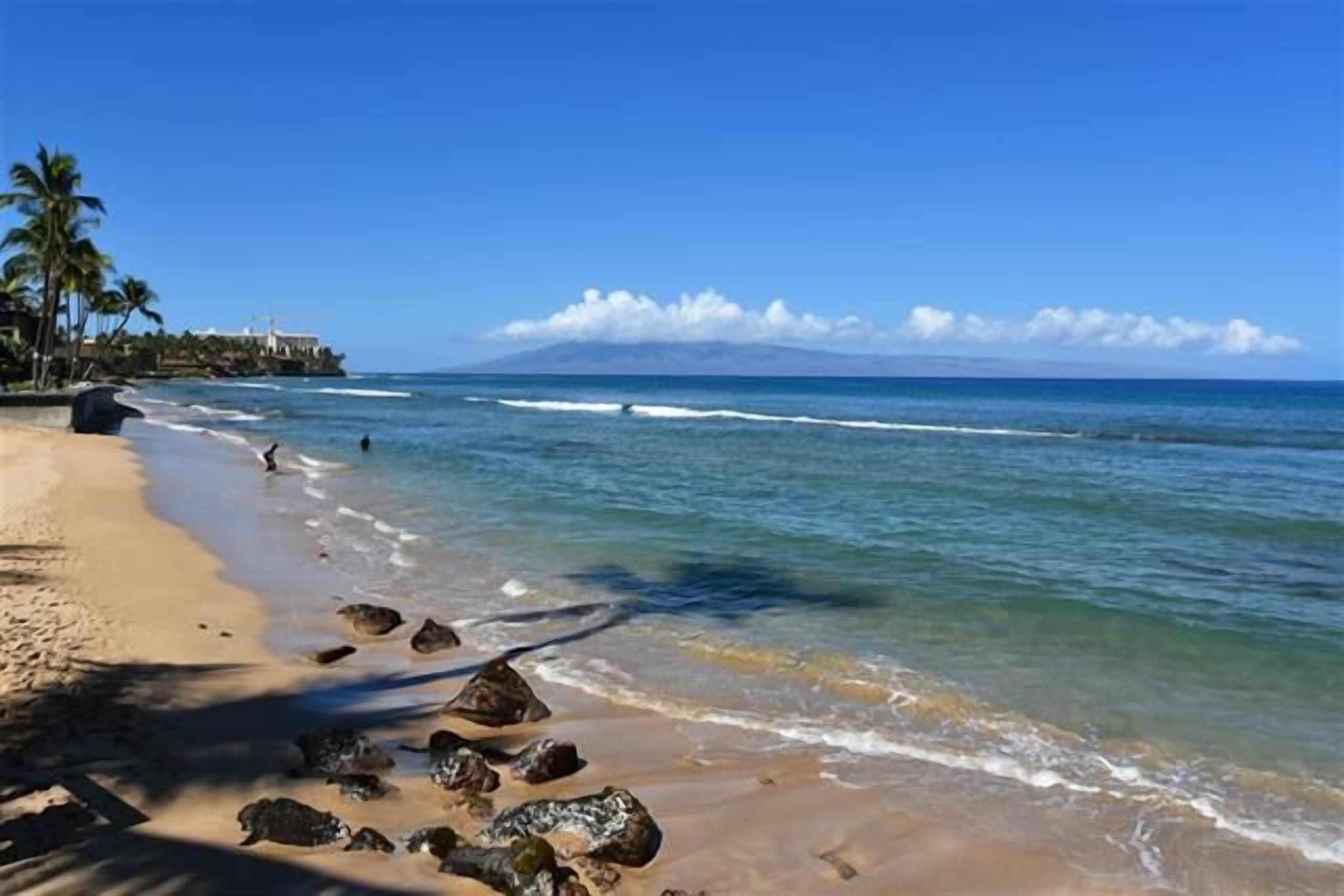 A beach with clear blue water, a sandy shore, and a mountain in the background.