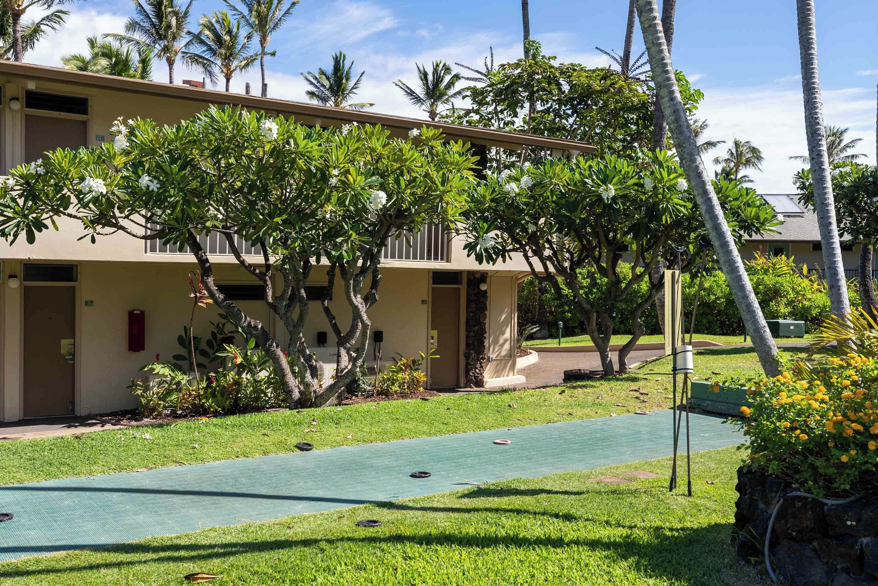 A hotel with a green lawn, palm trees, and a shuffleboard court.