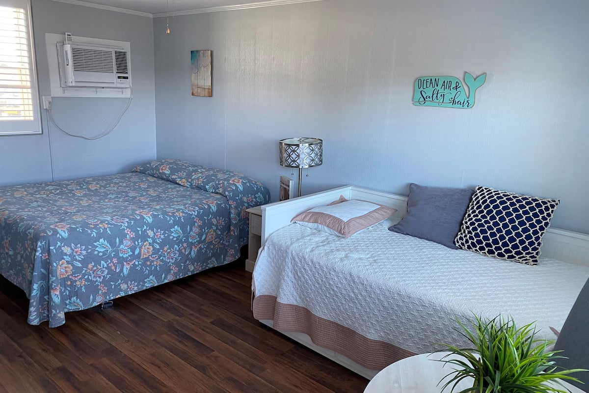 A bedroom with two single beds, a nightstand, a lamp, a wall-mounted air conditioner, and a small potted plant.