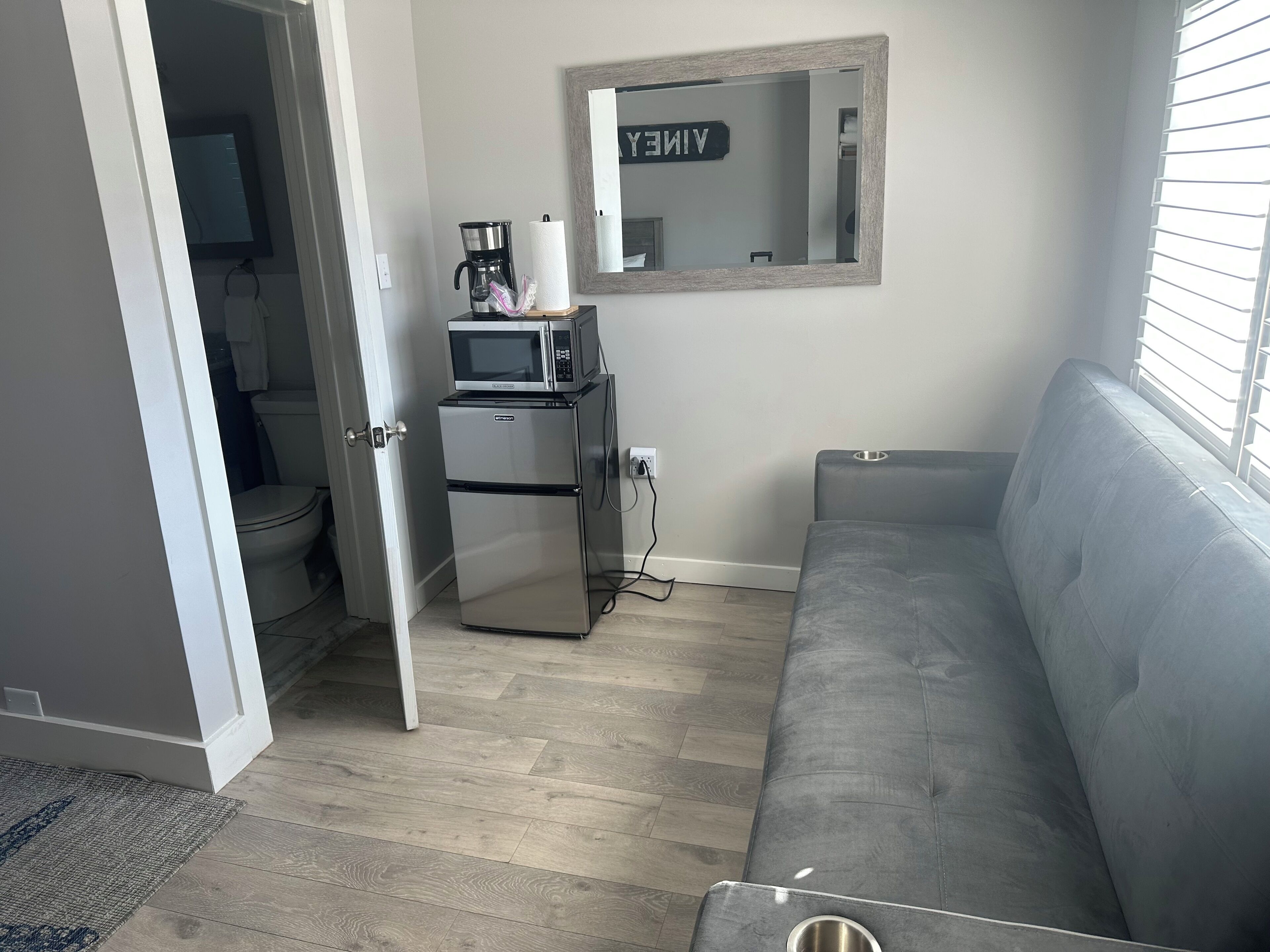 A compact living space with a grey sofa, a small kitchenette with a microwave, and a toilet visible through an open door.