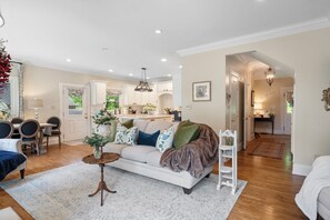 Smart TV, fireplace, books, music library