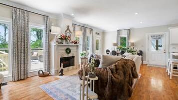 TV connectée, cheminée, livres, médiathÚque