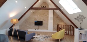 Télévision, cheminée, livres