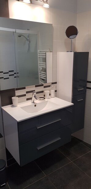 Shower, hair dryer, toilet paper
