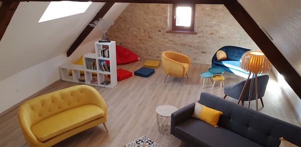 TV, fireplace, books