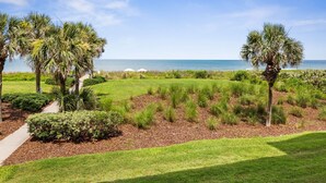 A landscaped area with palm trees, a pathway, and a view of the ocean. - New Furnishings, Direct Oceanfront Corner Unit 721! (Palm Coast)