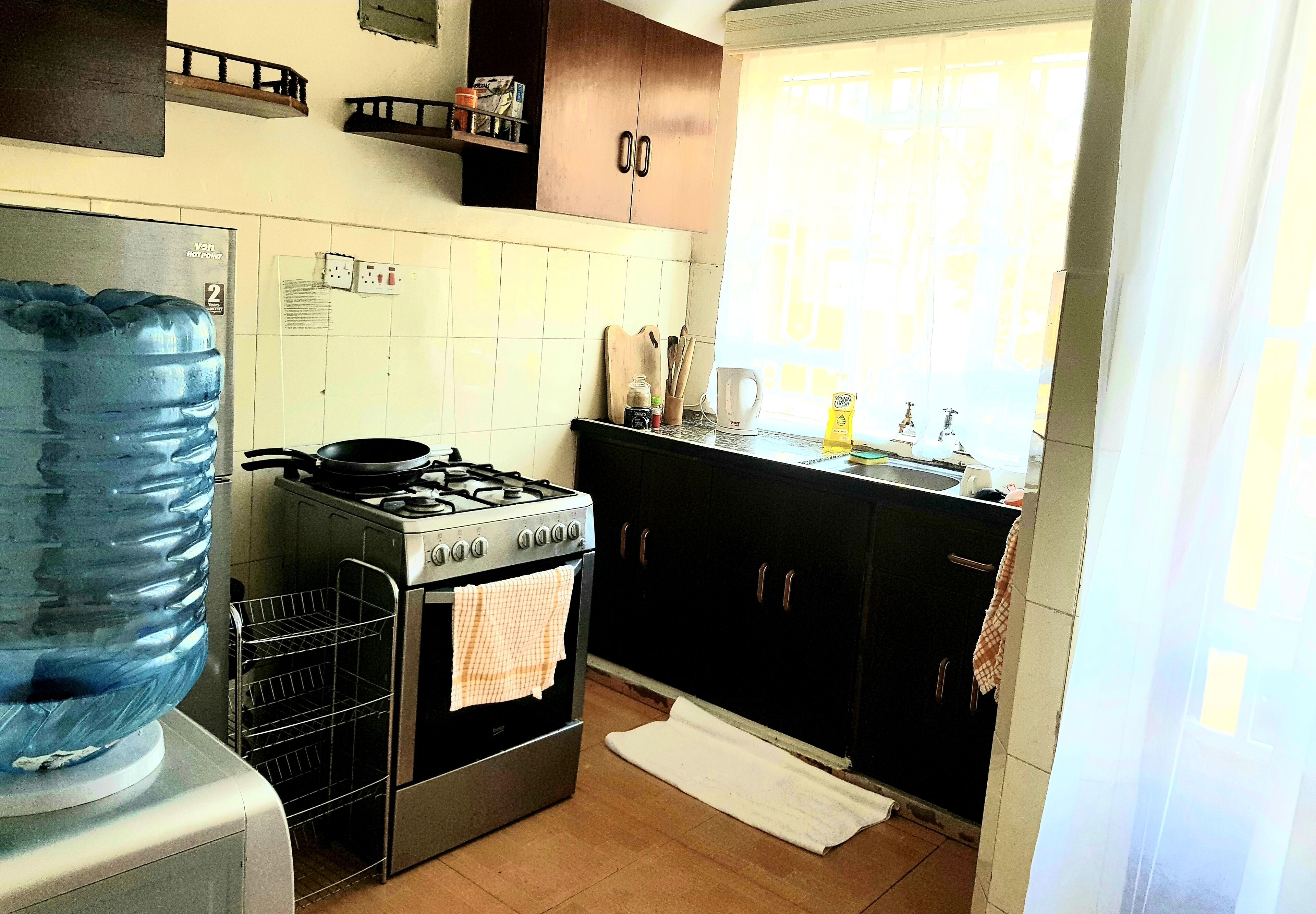 Fridge, microwave, oven, electric kettle