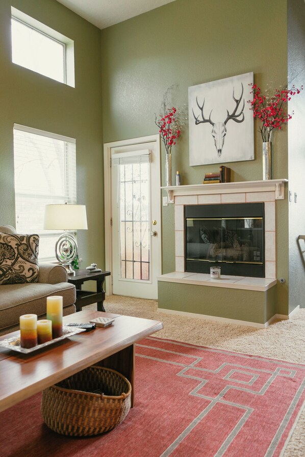 Smart TV, fireplace, books, video library