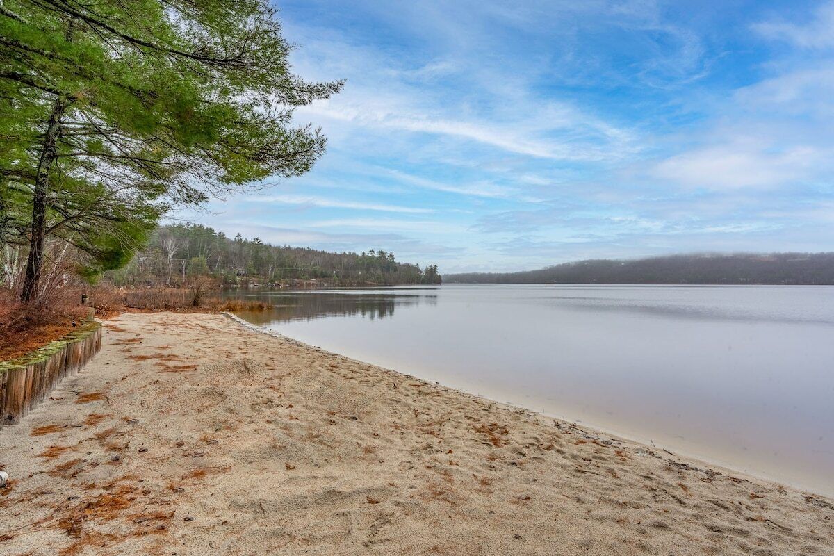 Un lac paisible, avec une plage de sable et une zone boisée.