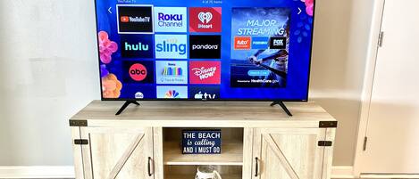 Un televisor sobre un mueble bajo de madera con un cartel que dice 'La playa me llama y debo ir'.