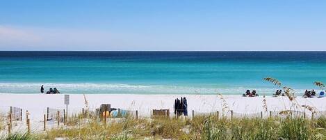 On the beach, sun loungers
