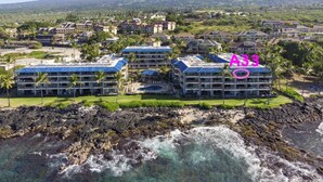 A resort with multiple buildings, a rocky shoreline, and a mountain in the background.