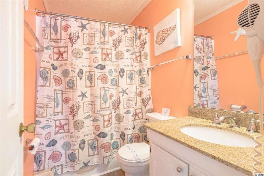 A bathroom with a seashore-themed shower curtain, a white toilet, a granite countertop sink, and a hairdryer on the wall.