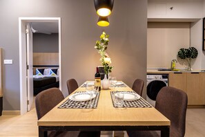 Comfort Apartment | Private kitchen | Full-size fridge, microwave, stovetop
