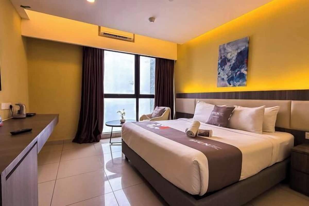 Desk, blackout drapes, iron/ironing board, bed sheets