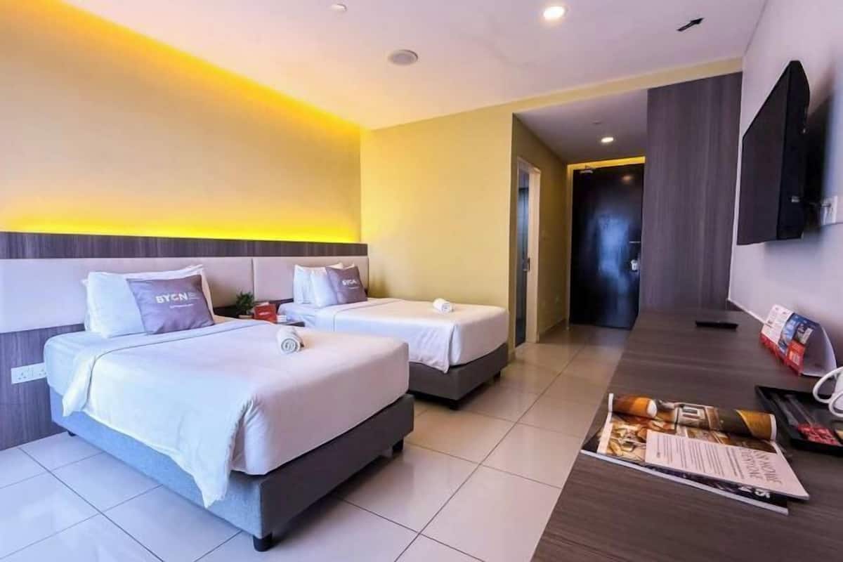 Desk, blackout drapes, iron/ironing board, bed sheets