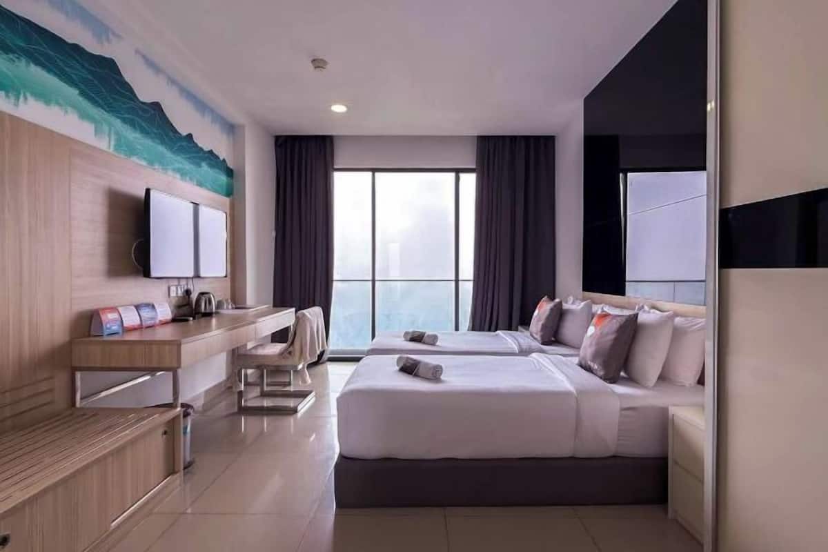 Desk, blackout drapes, iron/ironing board, bed sheets