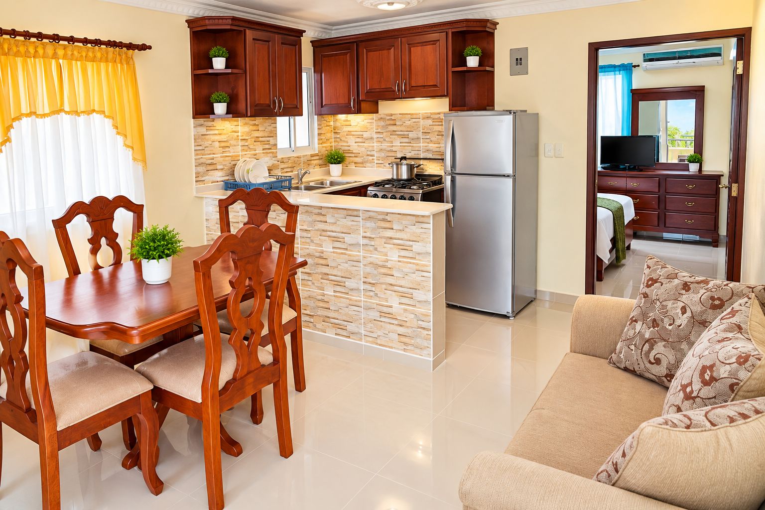 A modern kitchen with wooden cabinets, a built-in island, and a stainless steel refrigerator.