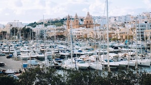 Un puerto deportivo lleno de barcos, una iglesia destacada con dos torres y una colina con edificios al fondo.