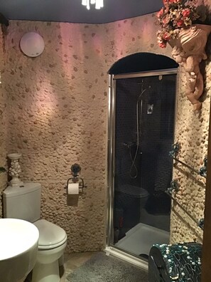 A bathroom with a stone wall, a toilet, a sink, and a shower. - 1940s Riverside Apartment (Holmfirth)