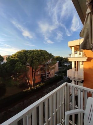 A balcony with a white railing, overlooking a residential area with trees and buildings.