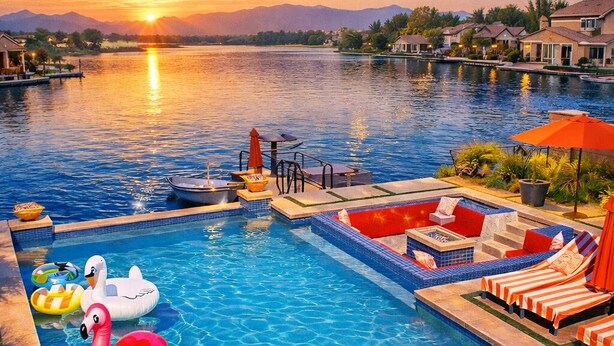 Piscina con vistas a una puesta de sol sobre el agua, rodeada de sillones de descanso y un bote.