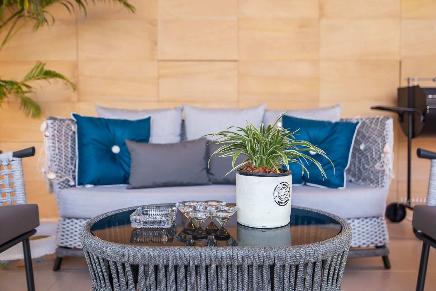A modern living area with a grey sofa, blue and grey cushions, a white potted plant, and a glass coffee table with decorative items.