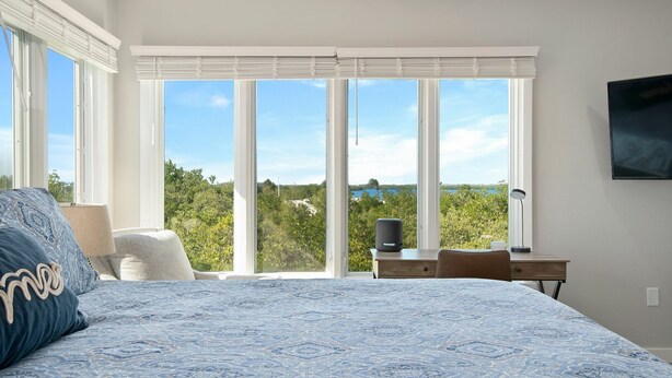 A bedroom with a large bed, a desk, and a TV. It has a view of trees and a body of water. - ⚓The Tree House! Beautiful townhome in Longboat Key with great amenities surrounded by nature!⚓ (Longboat Key)