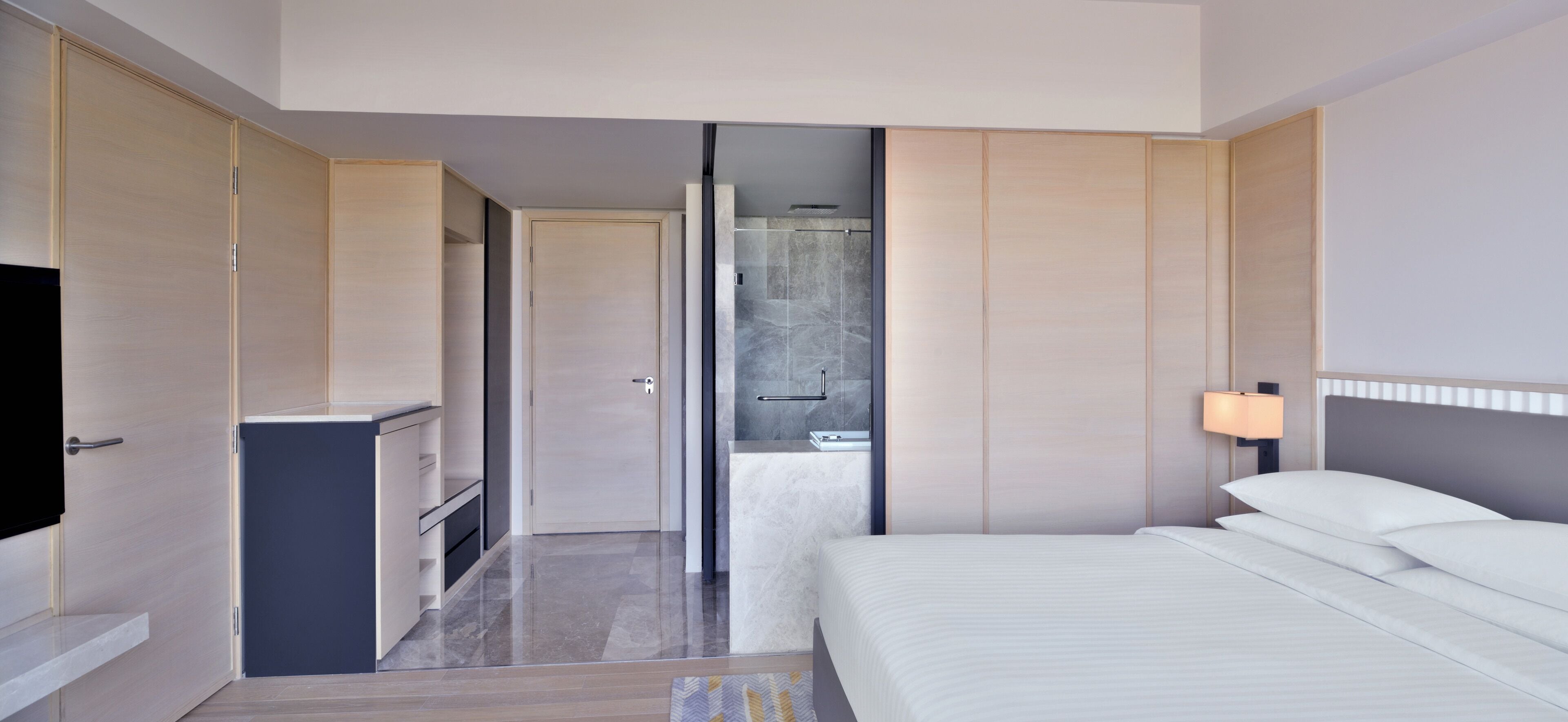 Une chambre d’hôtel moderne équipée d’un lit, d’une télévision, d’une armoire et d’une salle de bain avec douche.