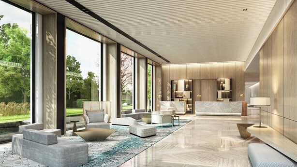 A spacious living area with large windows, a modern kitchen, and a seating area with sofas and a coffee table. - Gateway Ahmedabad Sindhu Bhavan (Ahmedabad)