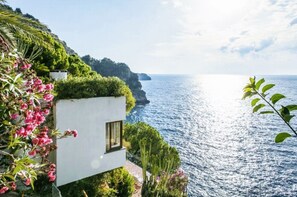 A coastal building with a view of the sea, surrounded by greenery and flowers.